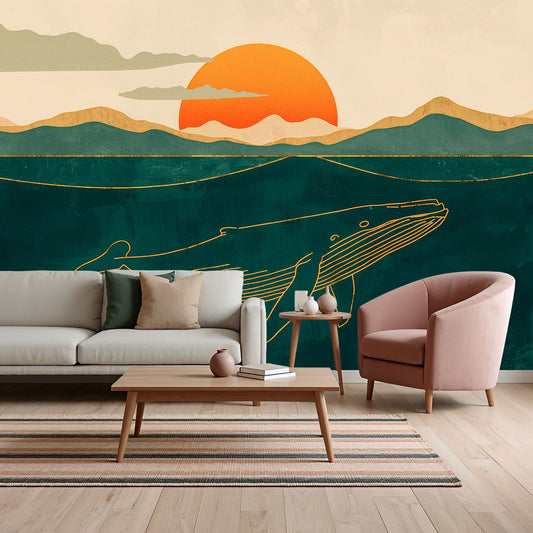 Whale Waves - Minimalist Whale Accent Wall Mural Wallpaper, peel & stick, custom-sized by Recoat