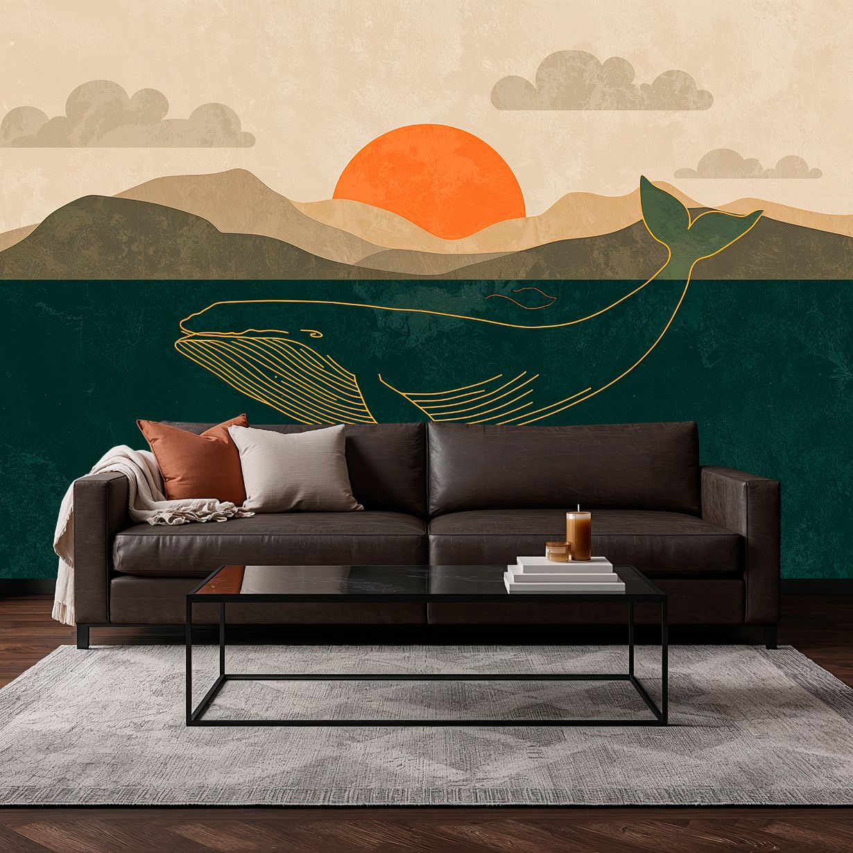 Whale Sunset - Minimalist Whale Accent Wall Mural Wallpaper, peel & stick, custom-sized by Recoat