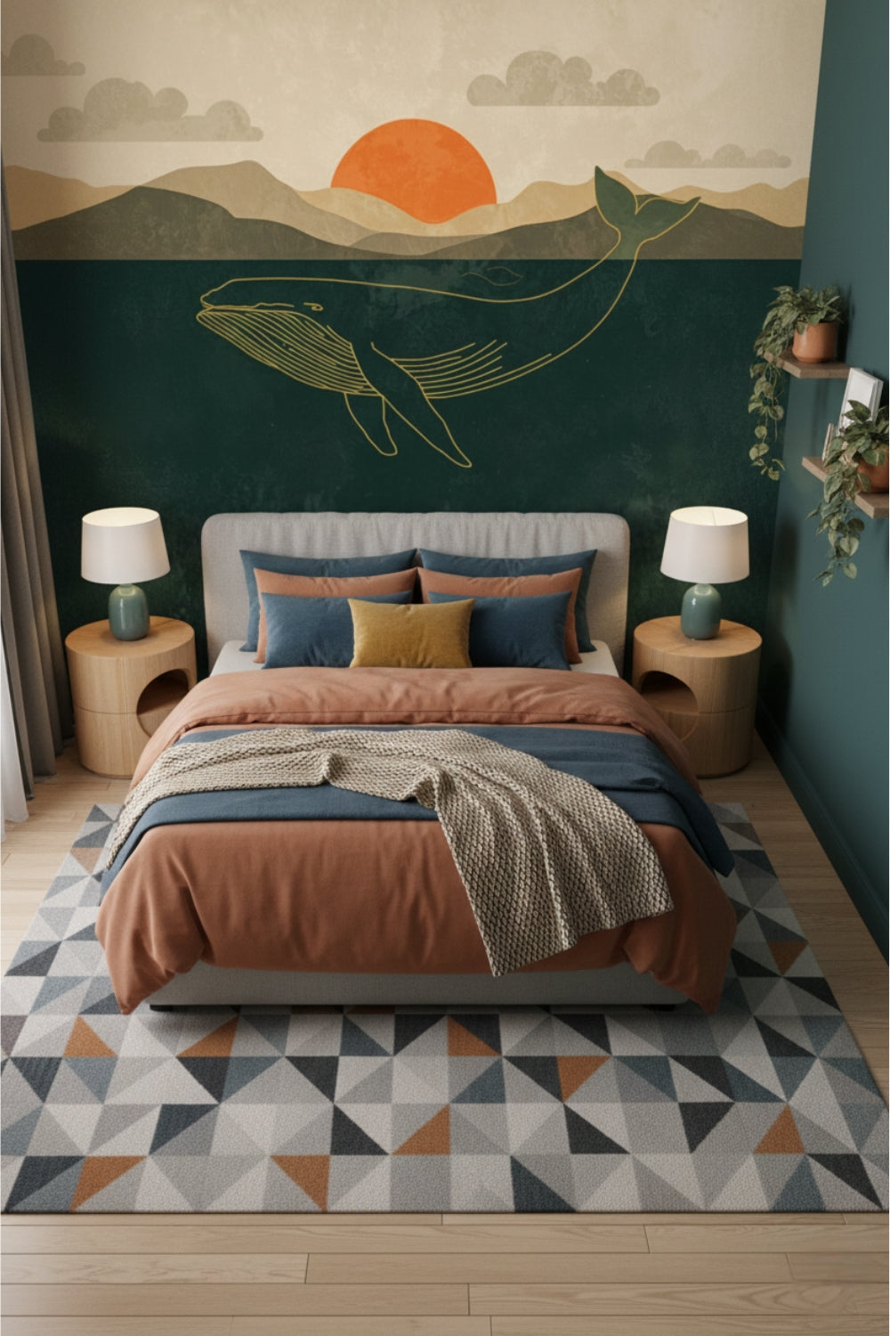 Whale Sunset - Minimalist Whale Accent Wall Mural Wallpaper