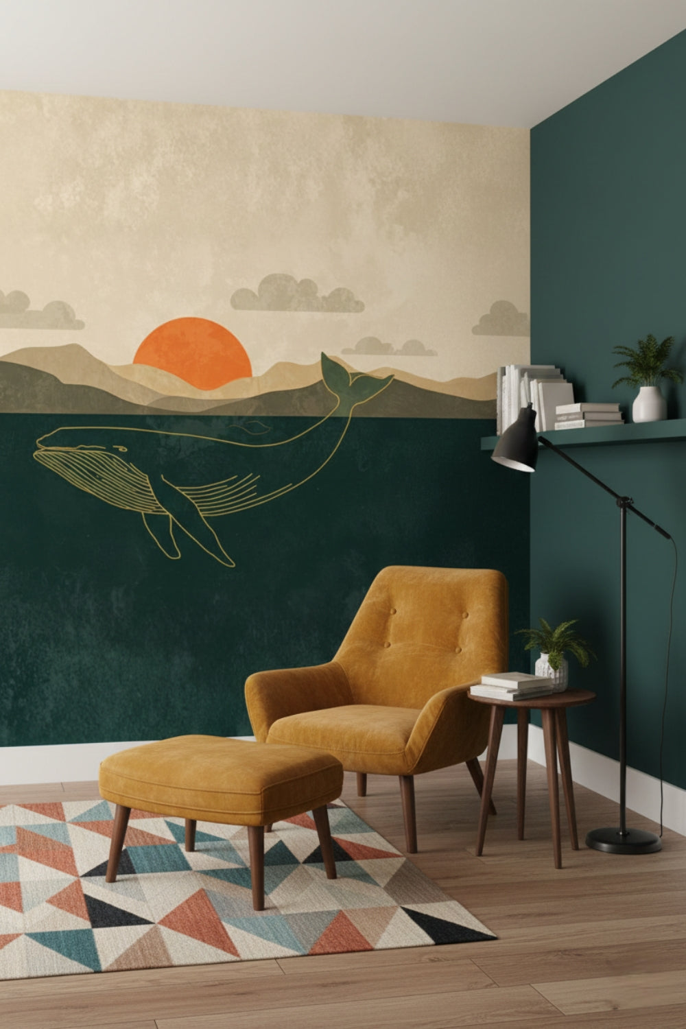 Whale Sunset - Minimalist Whale Accent Wall Mural Wallpaper